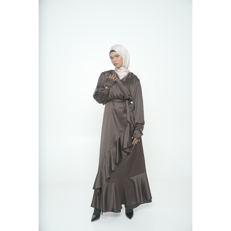 Hazel - Dark brown Frill modest Dress.  Discount coupon code (prebook300)