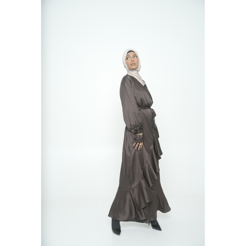 Hazel - Dark brown Frill modest Dress.  Discount coupon code (prebook300)