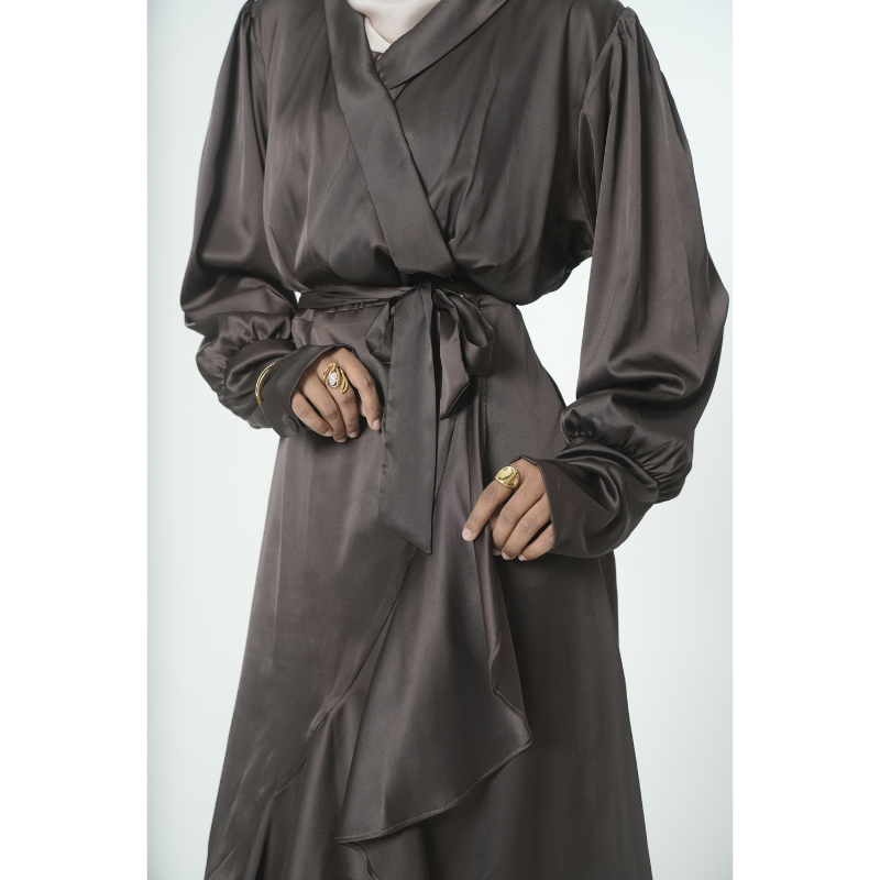Hazel - Dark brown Frill modest Dress.  Discount coupon code (prebook300)