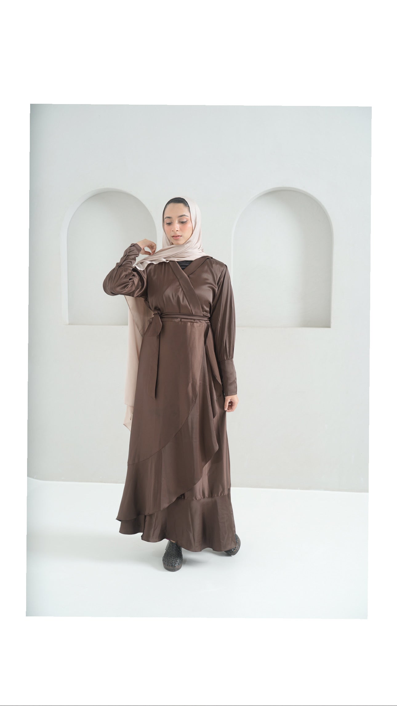 Hazel - Dark brown Frill modest Dress.
