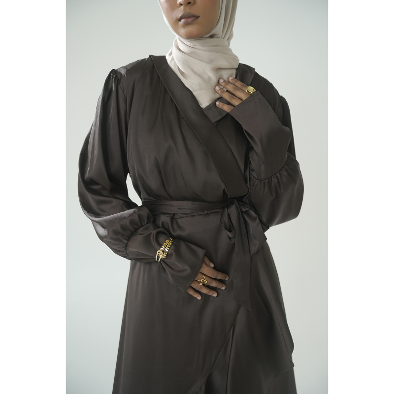 Hazel - Dark brown Frill modest Dress.  Discount coupon code (prebook300)