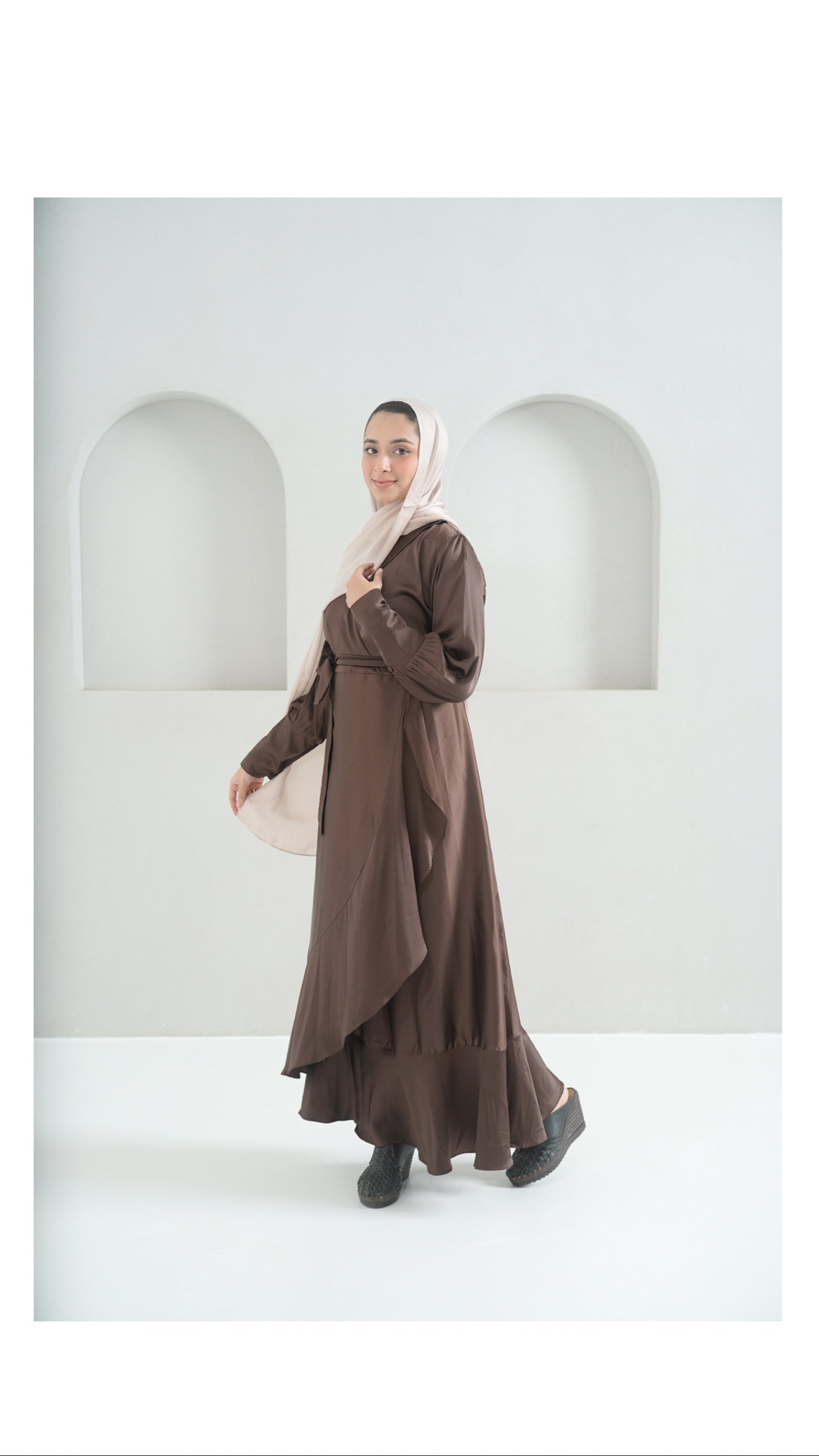 Hazel - Dark brown Frill modest Dress.
